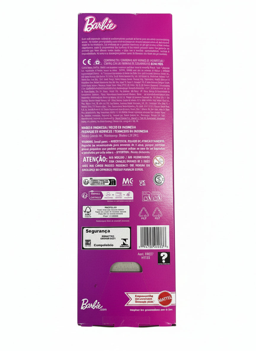 Barbie toy box with purple design on a white surface