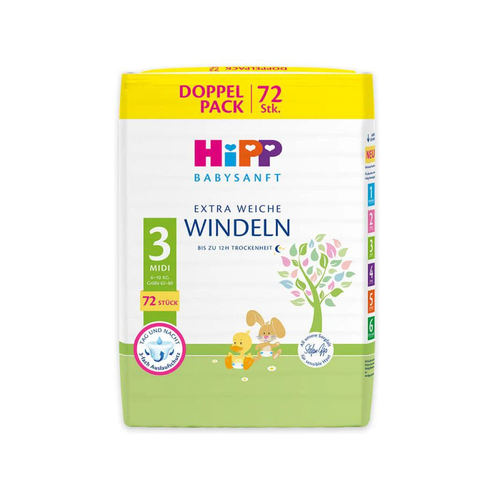 HiPP Baby Soft Extra Soft Diapers Midi, Size 3 (72 pcs) 6-10 kg - Organic Shop USA