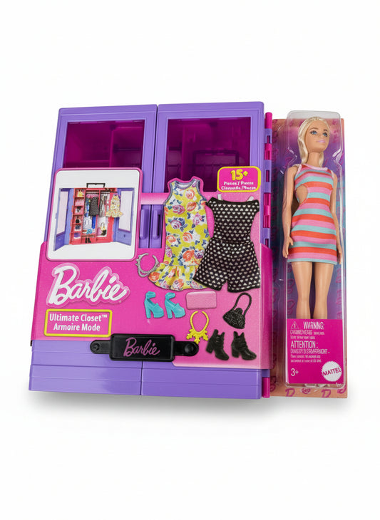 Barbie Ultimate Closet with doll and accessories on a gray surface