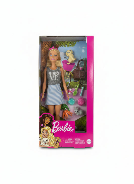 Barbie doll packaging with a wooden background