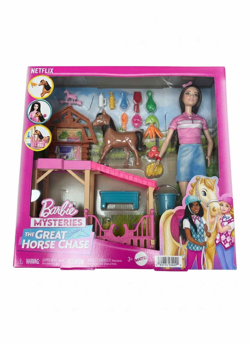Barbie Mysteries The Great Horse Chase toy set packaging on a wooden surface