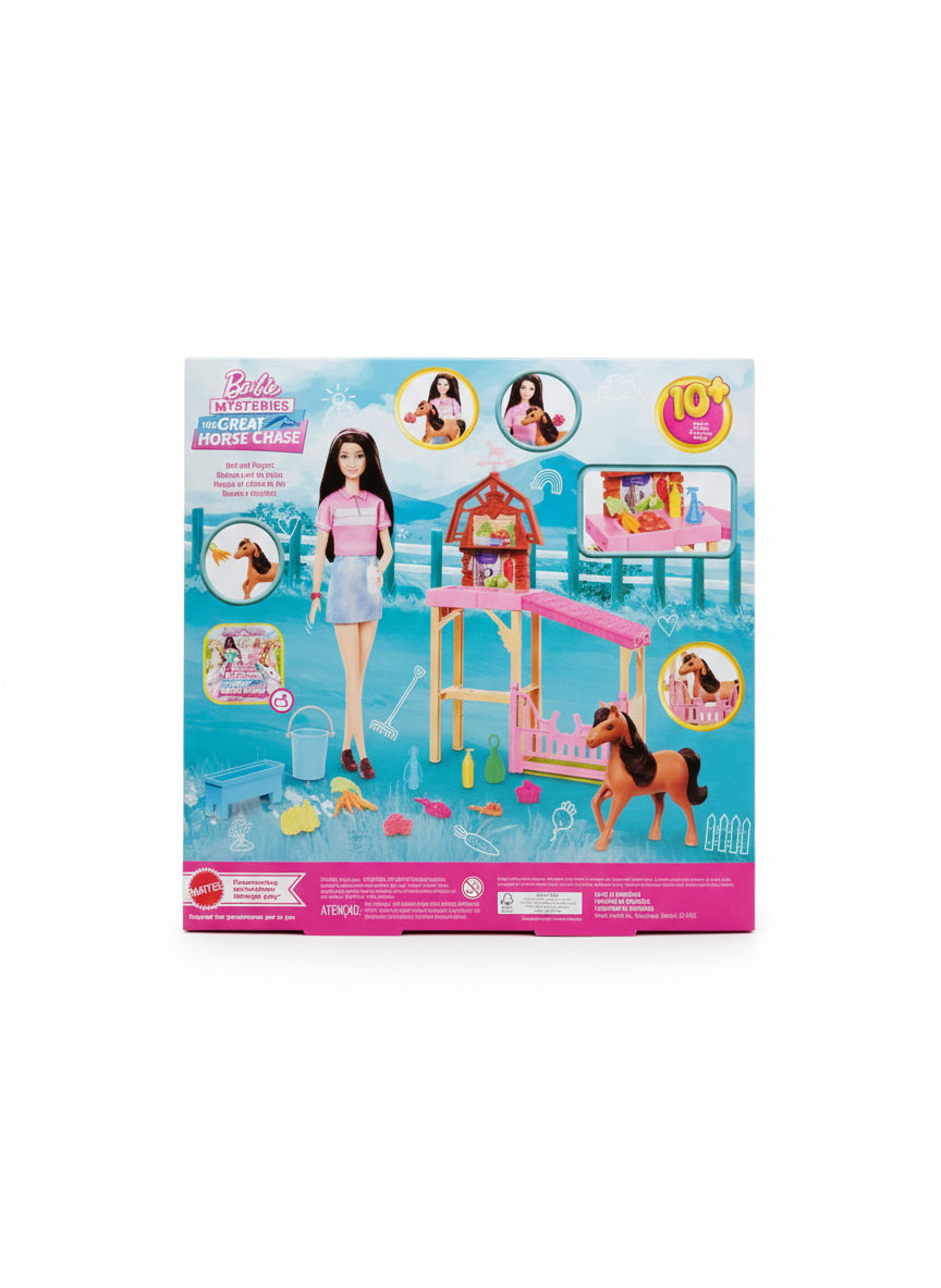 Barbie Horse Playset packaging on a wooden floor