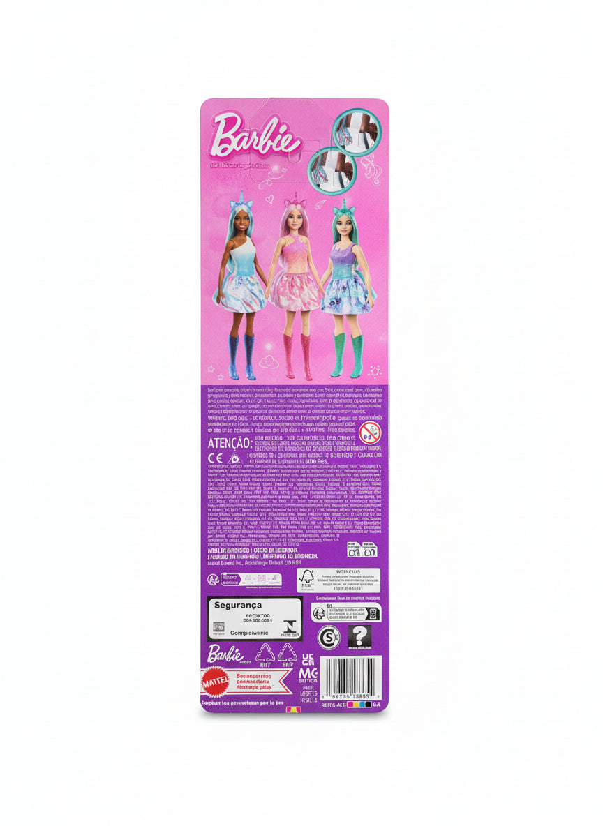 Barbie doll packaging on a gray chair