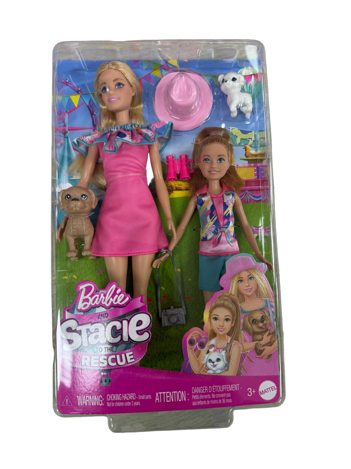 Barbie Stacie in the Rescue doll packaging on a wooden surface