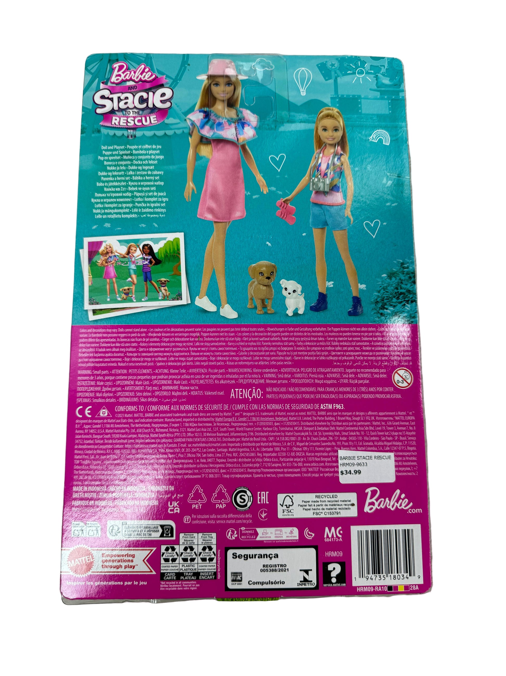 Barbie Stacie Rescue packaging on a wooden surface
