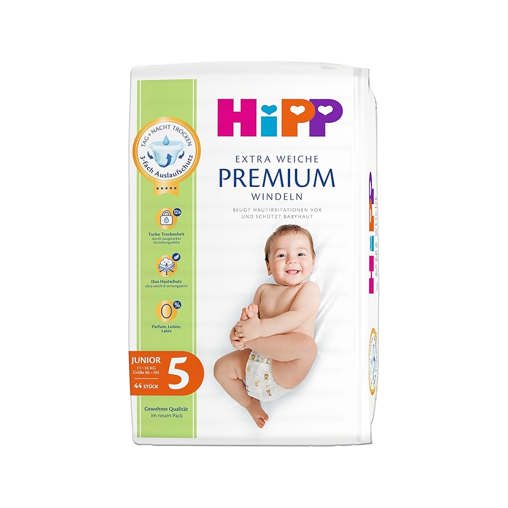 HiPP Extra Soft Premium Diapers Size 5, Junior 1-16 kg 44 pcs - Organic Shop USA