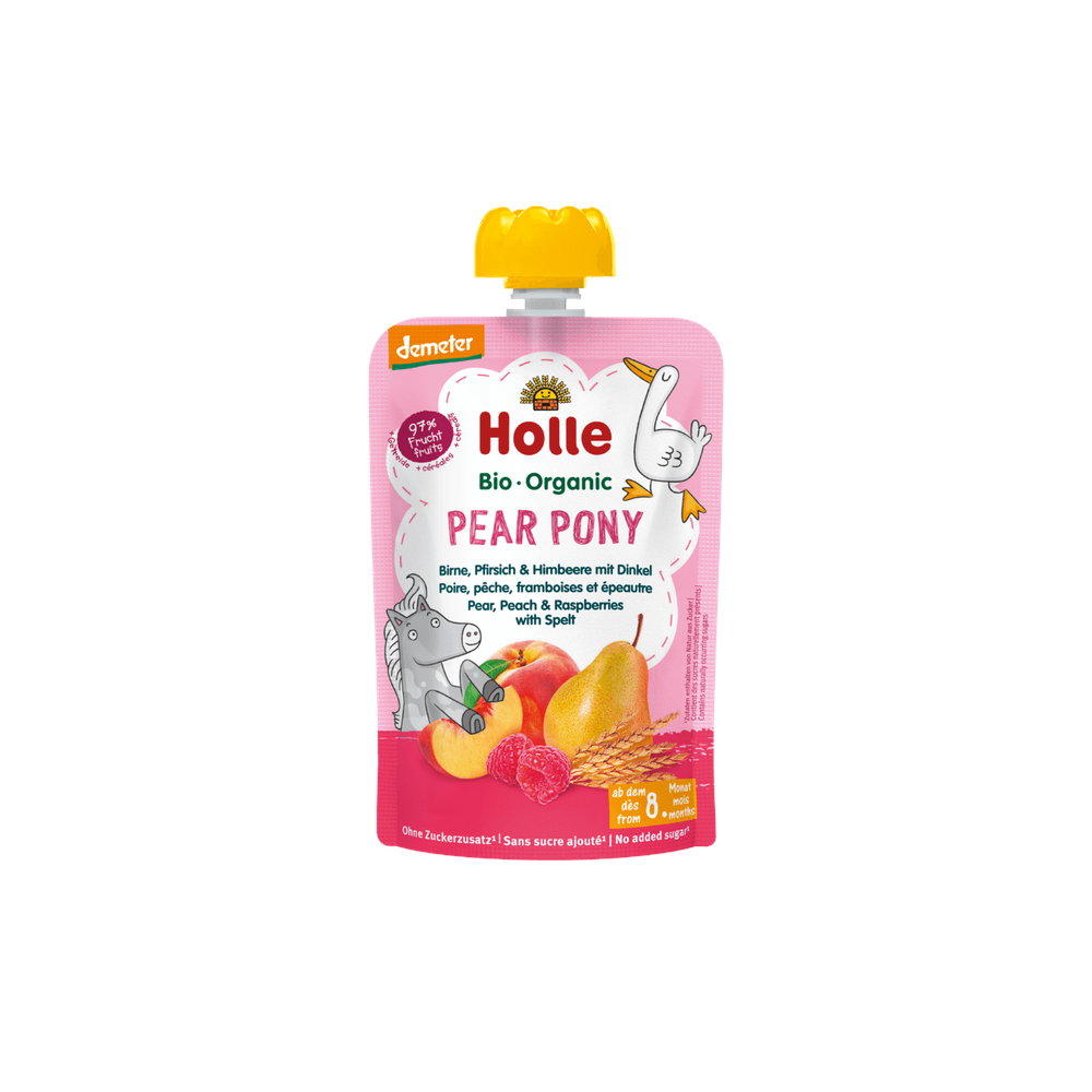 Holle Pear Pony - Pouch Pear, Peach & Raspberries With Spelt 100 g - Organic Shop USA