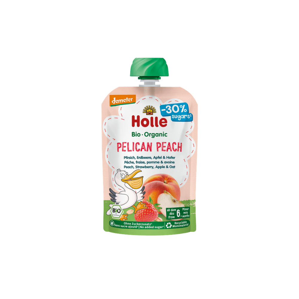Holle Pelican Peach – Pouch Peach, Strawberry, Apple & Oats 100 g - Organic Shop USA